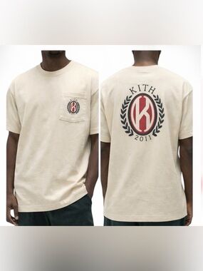 Kith K Shield Pocket Tee Small Sandrift Cream Puff Print Back Logo Streetwear